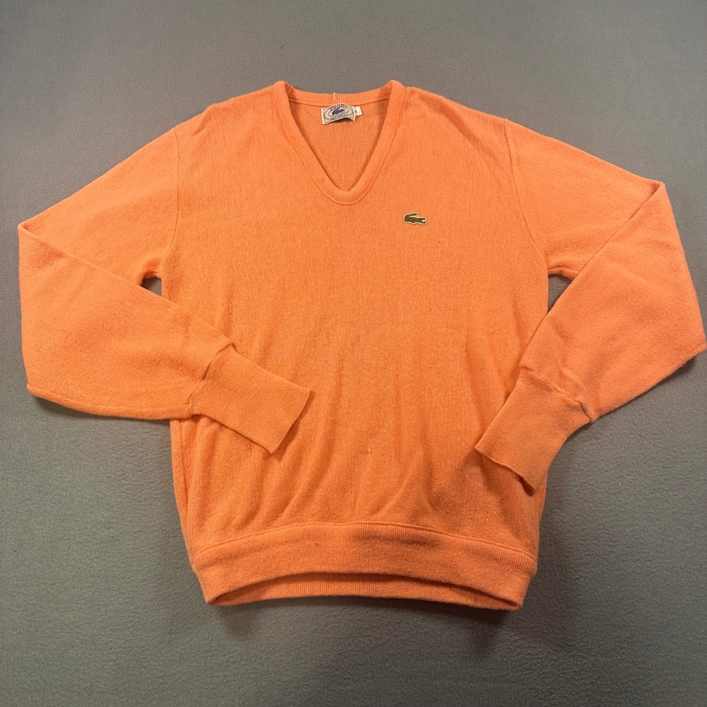 Vintage Izod Lacoste V-Neck Sweater Mens Medium Orange Knit Crocodile Logo